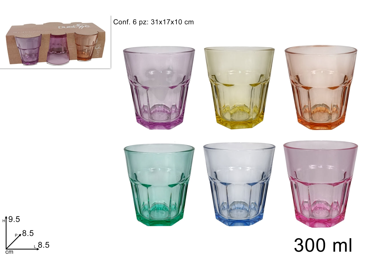 Confezione di 6 bicchieri in vetro colorati 300ml