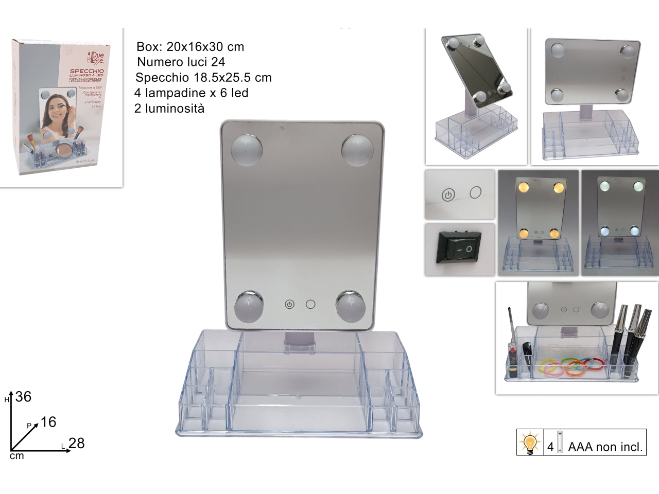 Specchio 18,5x25,5CM regolabile con 4 lampadine in 2 tonalitÃ  e portatrucchi a batteria