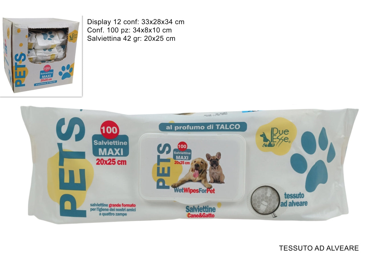 Confezione da 100 salviettine pet detergenti al talco
