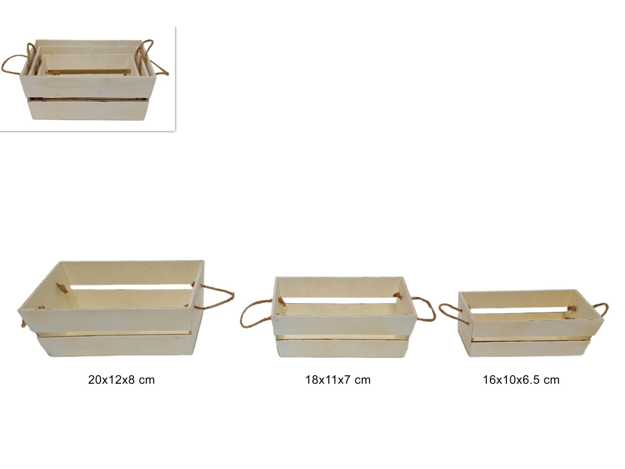 Set di 3 cassette in legno rettangolati in 3 diverse misure con manico in corda