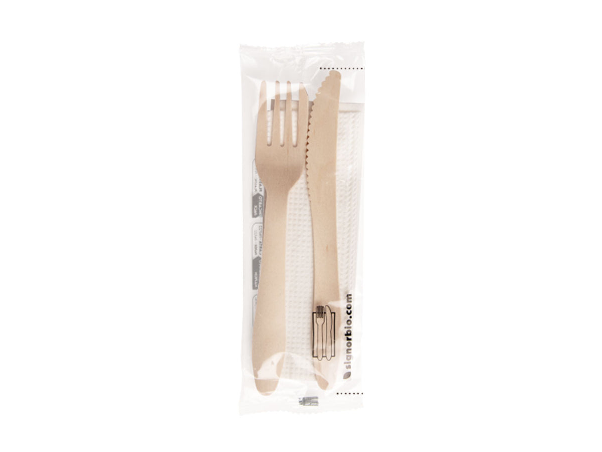 Confezione da 50 set di forchetta e coltello bio 165mm con tovagliolo imbustate