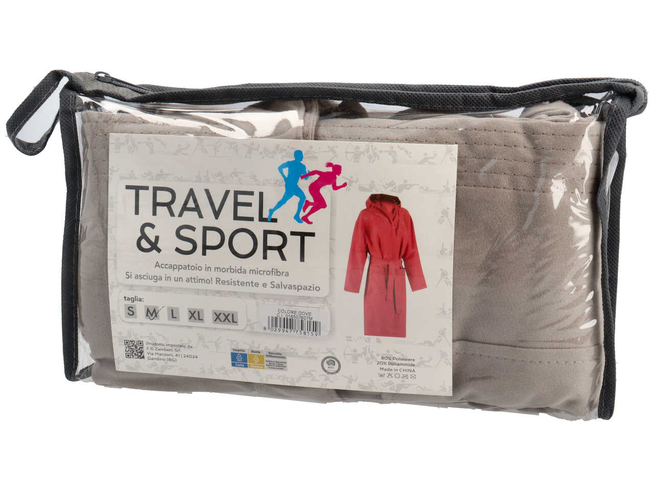 Travel accappatoio in microfibra 150gsm con pochette tg.M tortora