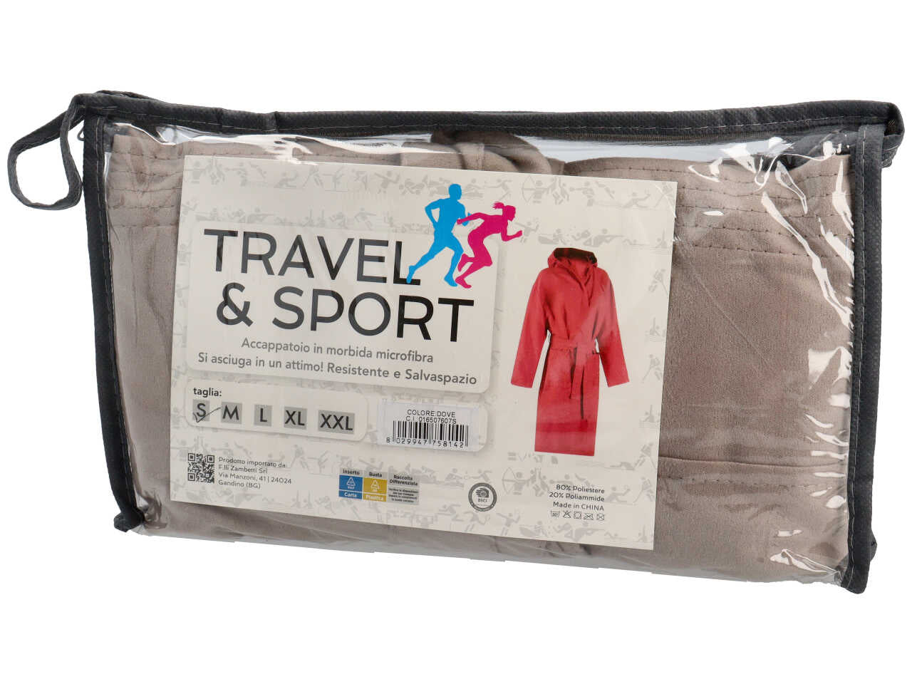 Travel accappatoio in microfibra 150gsm con pochette tg.S tortora