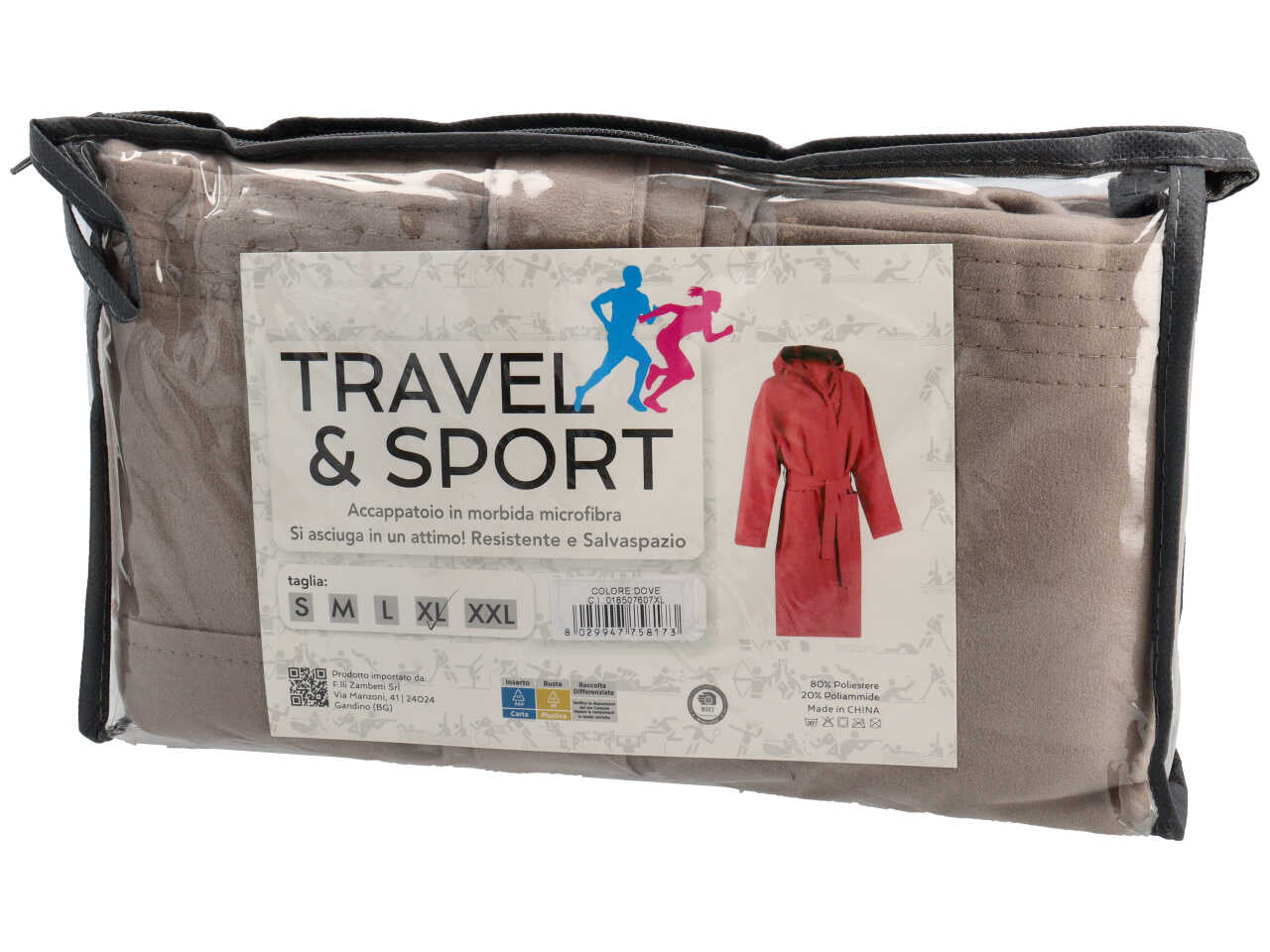 Travel accappatoio in microfibra 150gsm con pochette tg. XL tortora