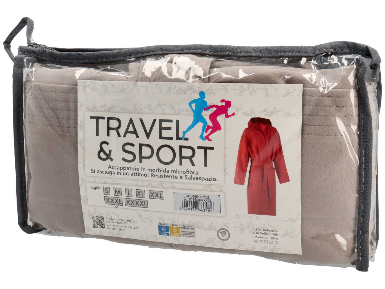 Travel accappatoio in microfibra 150gsm con pochette tg. XXXL tortora