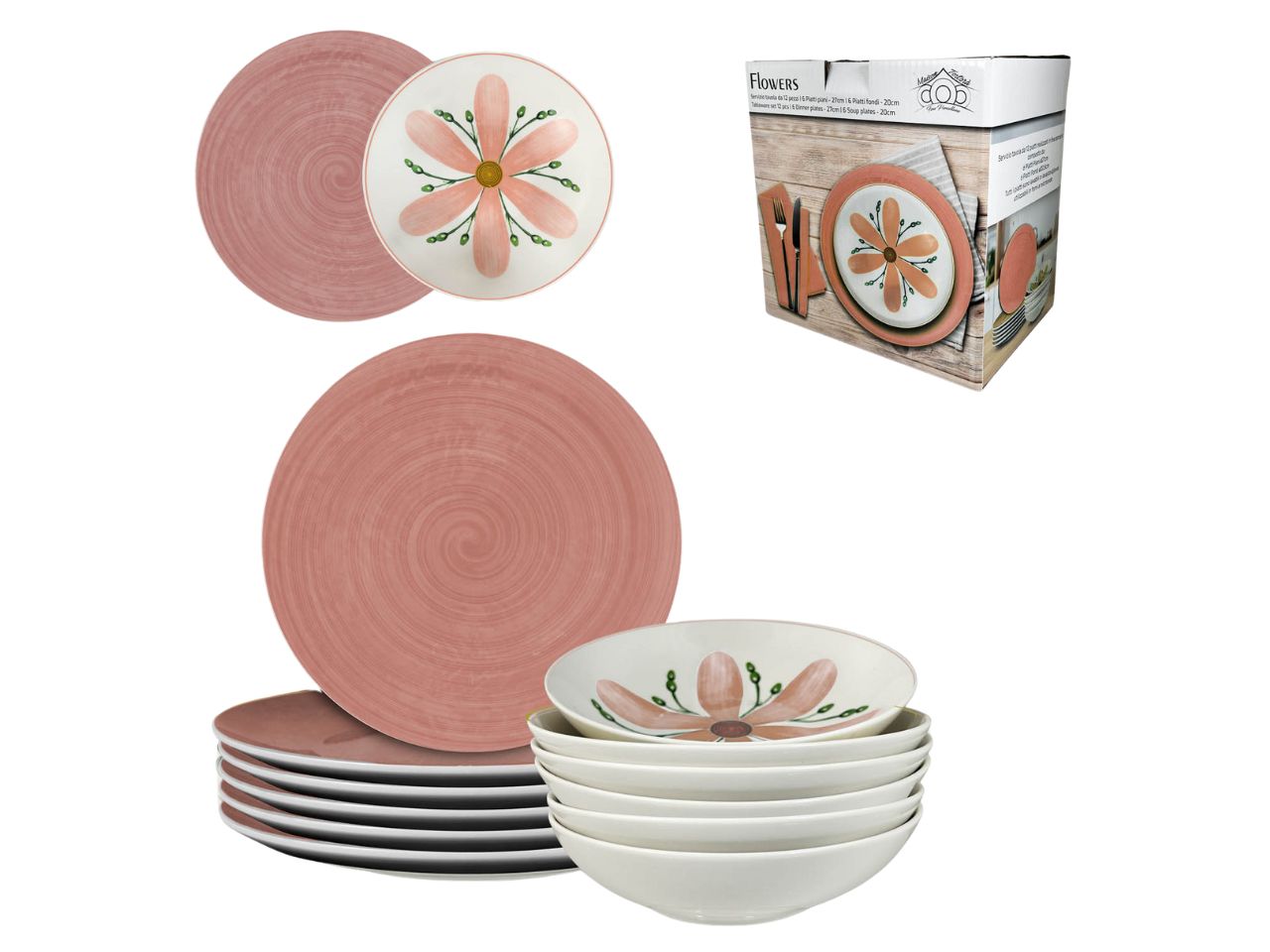 Servizio piatti 12 pezzi Flowers rosa