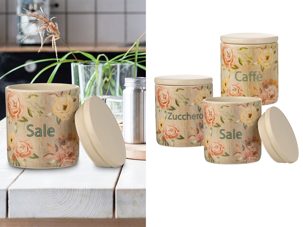 Tris barattoli in ceramica decorazione floreale 10xh.11,7cm