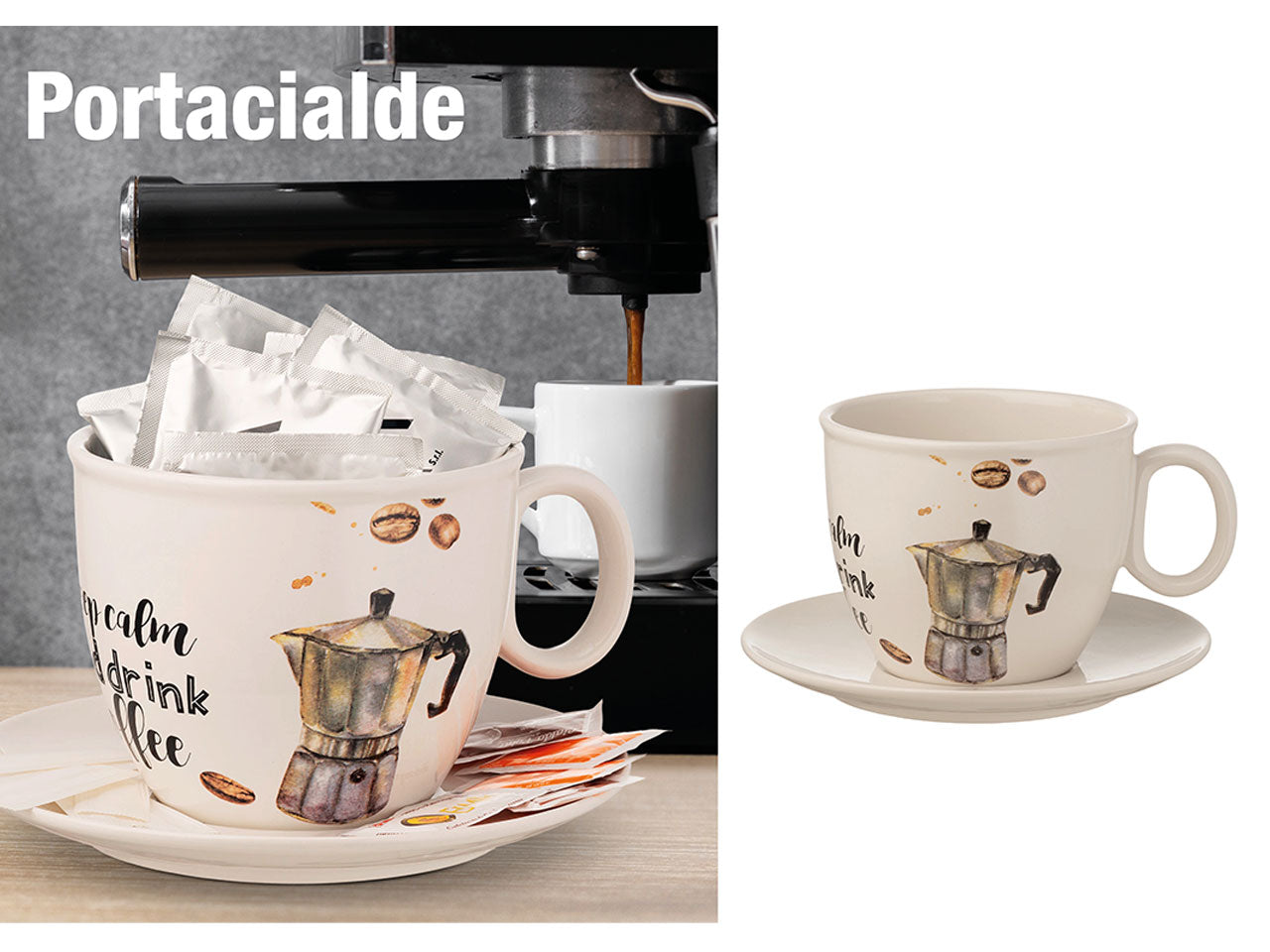 Tazzone portacialde in ceramica bianco decoro moka 23x16cm