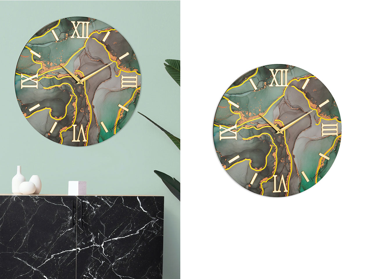 Orologio da muro in legno rifinito in resina lucido effetto marmo 40cm verde ottanio