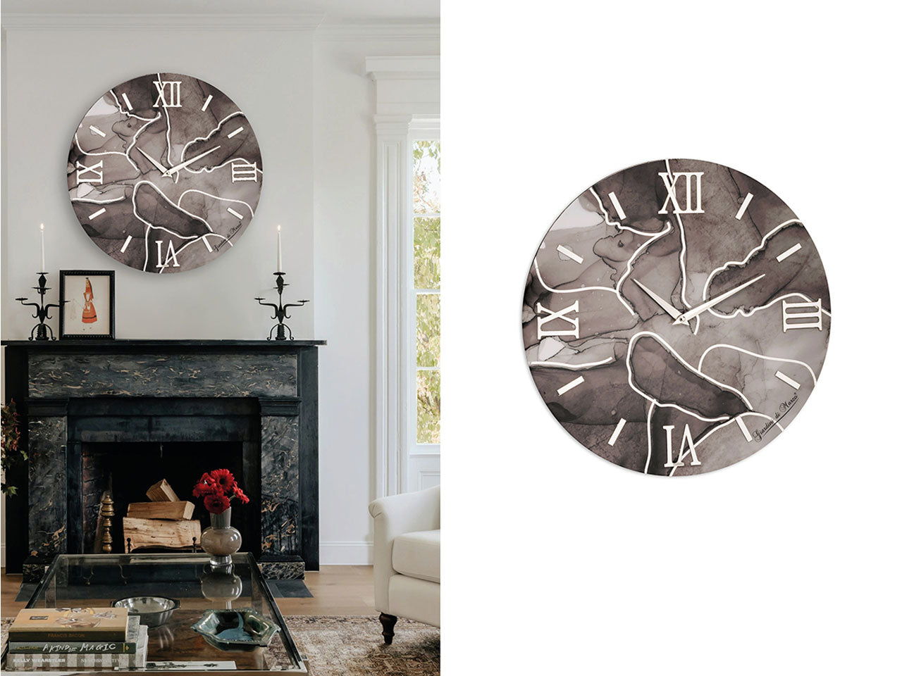 Orologio da muro in legno rifinito in resina lucida effetto marmo 40cm grigio scuro