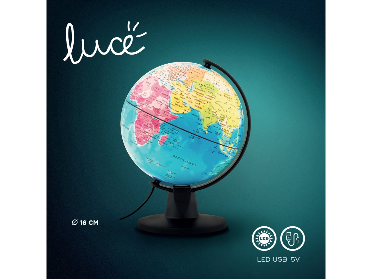 Mappamondo 16cm luce led politico continenti 5v