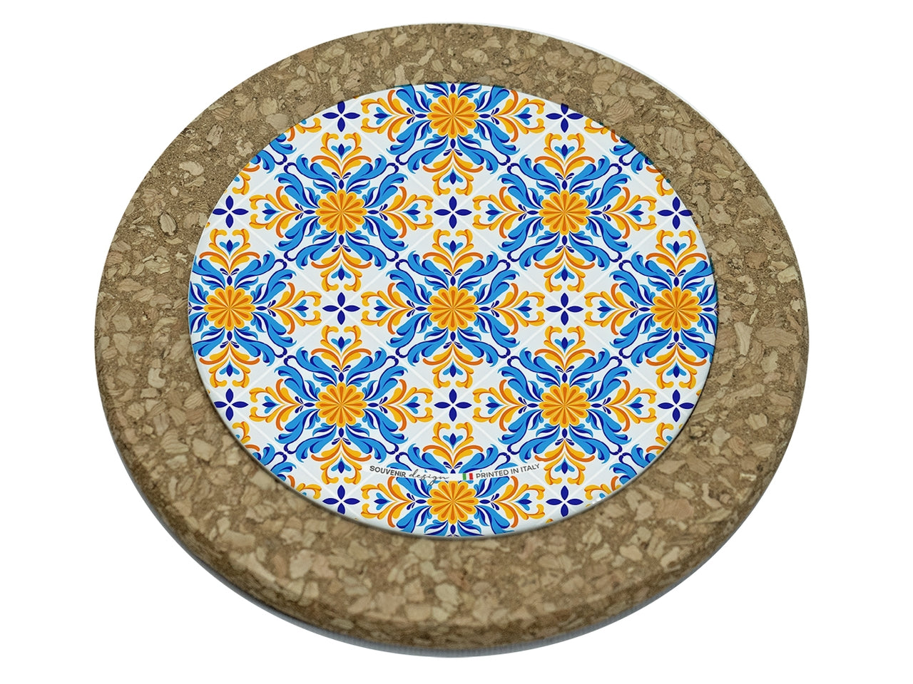 Tagliere tondo in sughero 10,5x10,5cm interno azzurro e giallo