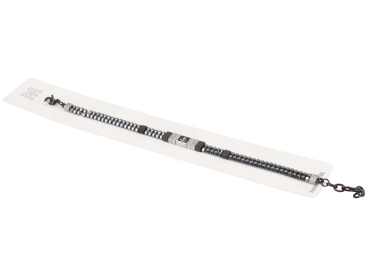 Bracciale 2 fili ematite piastra nera con ancora