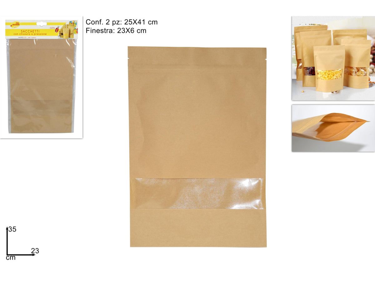 Sacchetti in carta con chiusura ermetica 23x35+5cm confezione da 3 pezzi