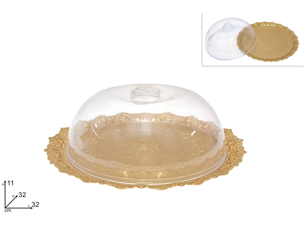 Vassoio tondo oro 32cm con coperchio trasparente