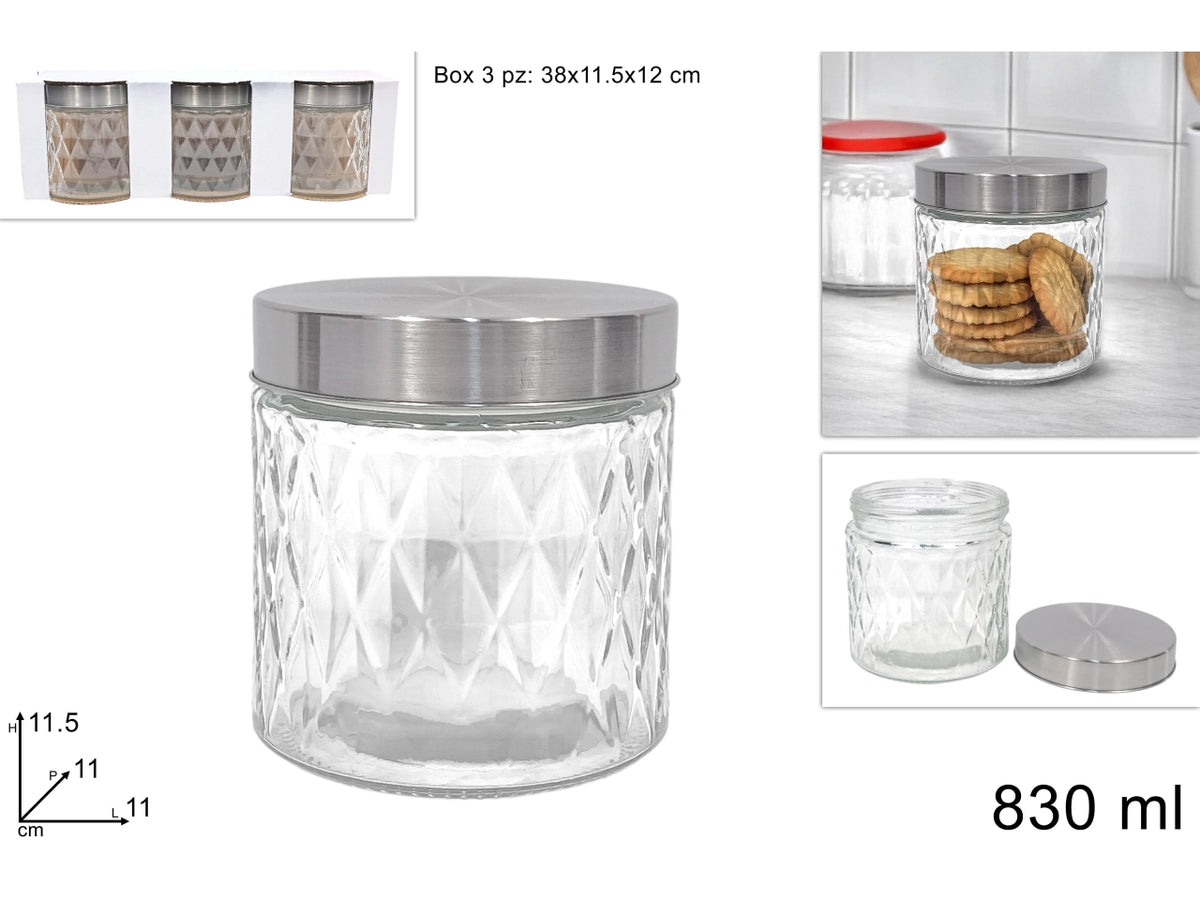 Barattoli in vetro decoro diamante con tappo in alluminio, confezione da 3 pezzi