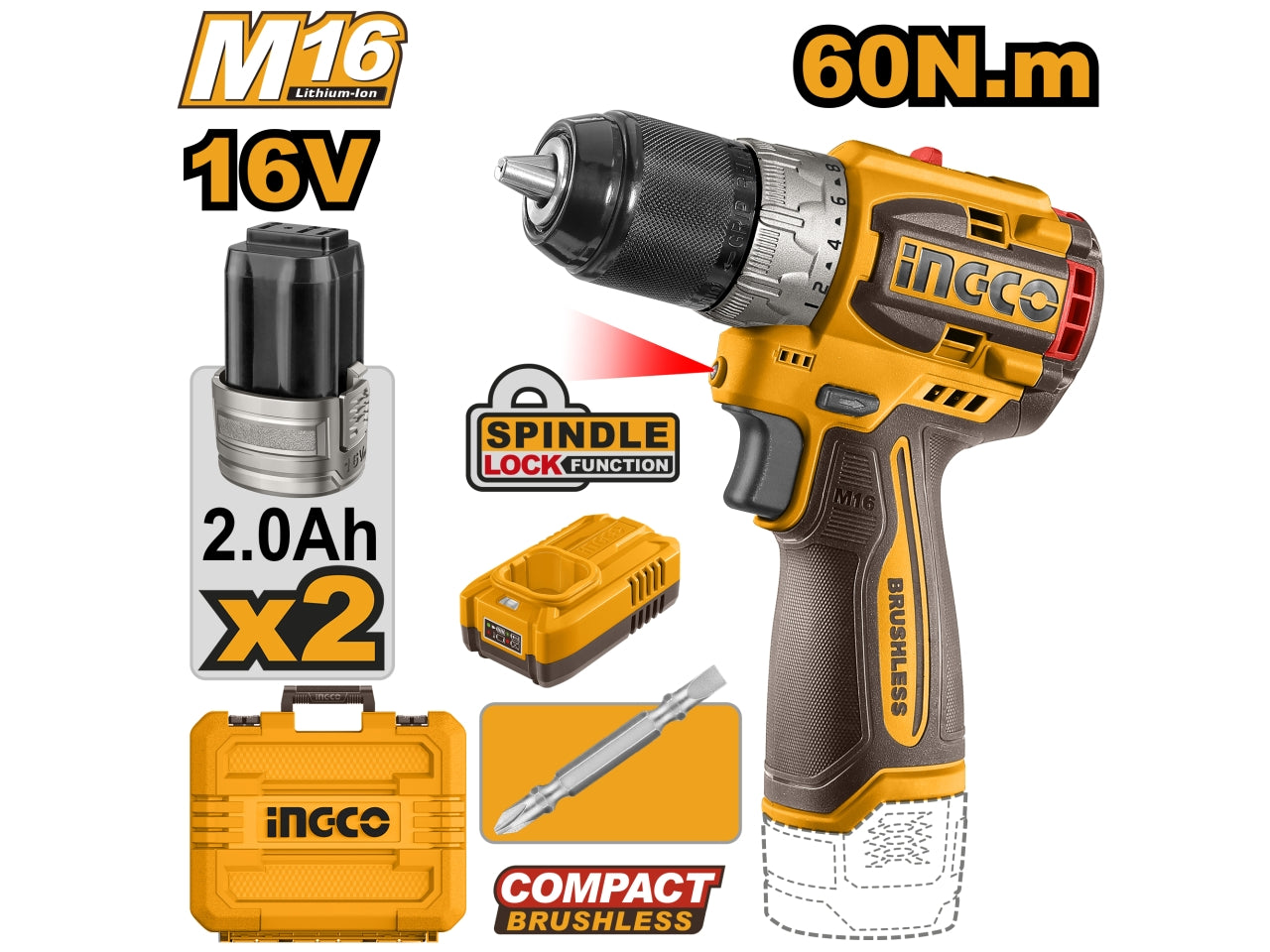 Trapano brushless 60n.m con 2 batterie 16v