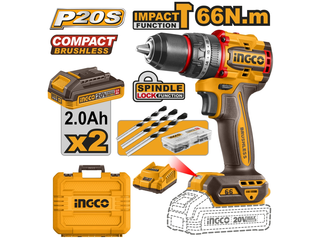 Trapano a percussione brushless 66n.m con 2 batterie 2ah