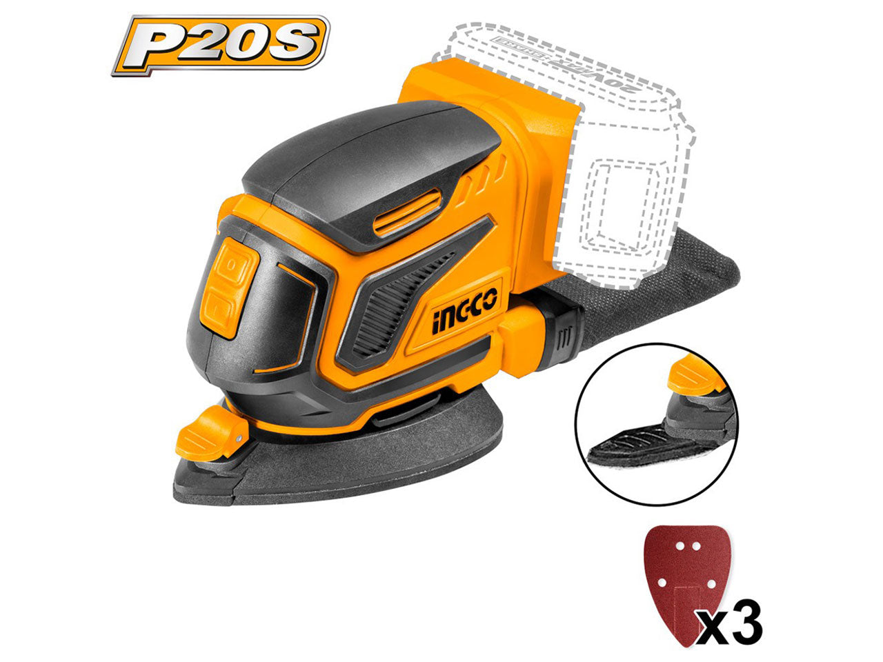 Levigatrice palmare 20v nuda con 3 fogli di carta abrasiva