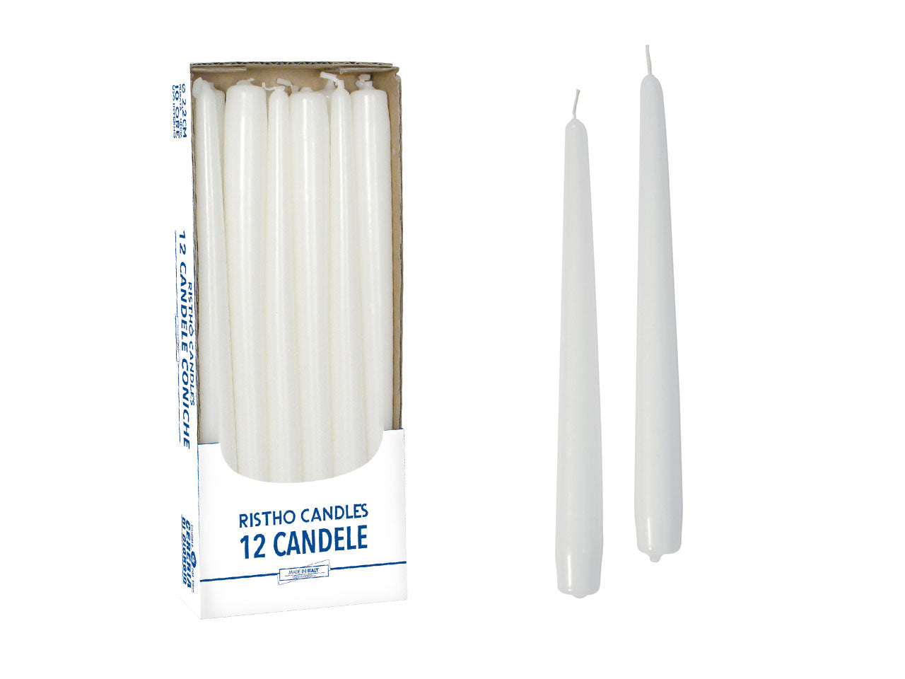 Confezione di 12 candele coniche alte 30cm colore bianco