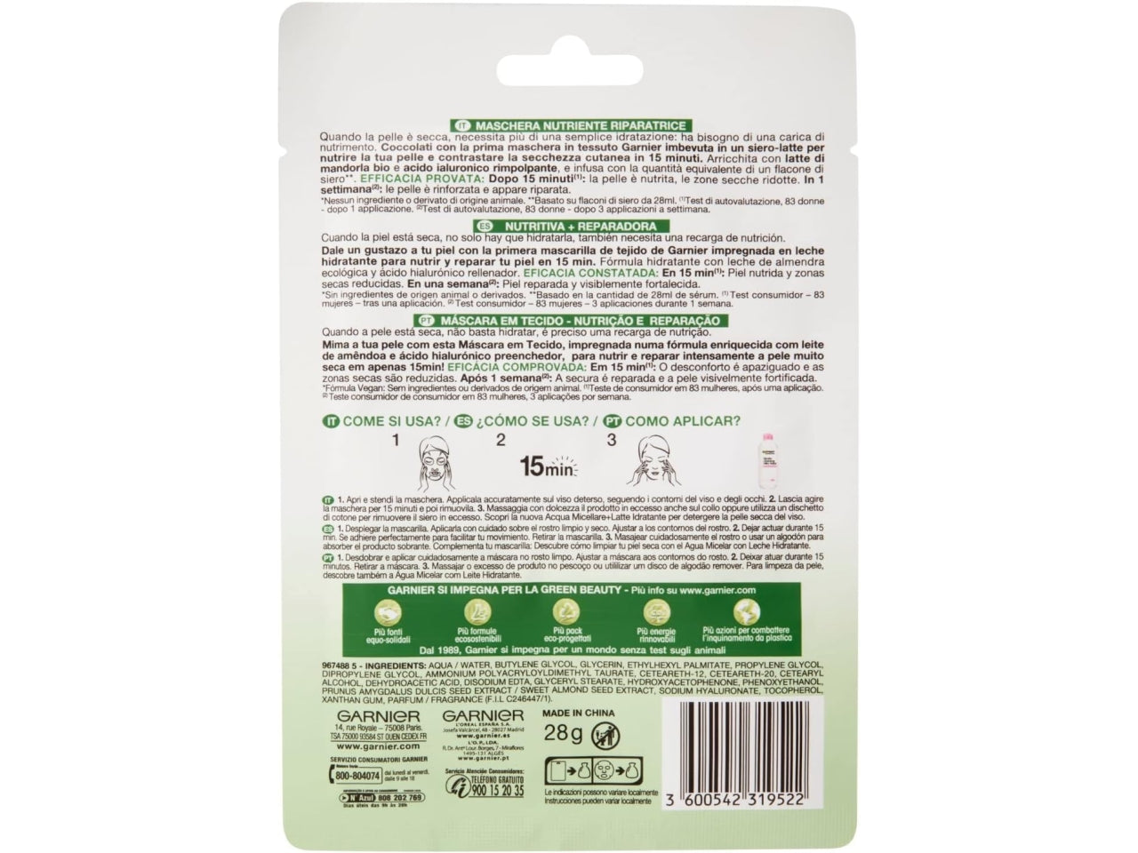 Garnier maschera viso in tessuto nutribomb al latte di mandorla