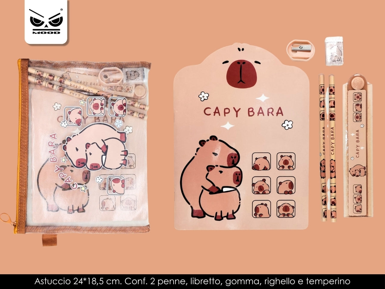 Statonery capybara con astuccio, 2 penne, libretto, gomma, righello e temperino