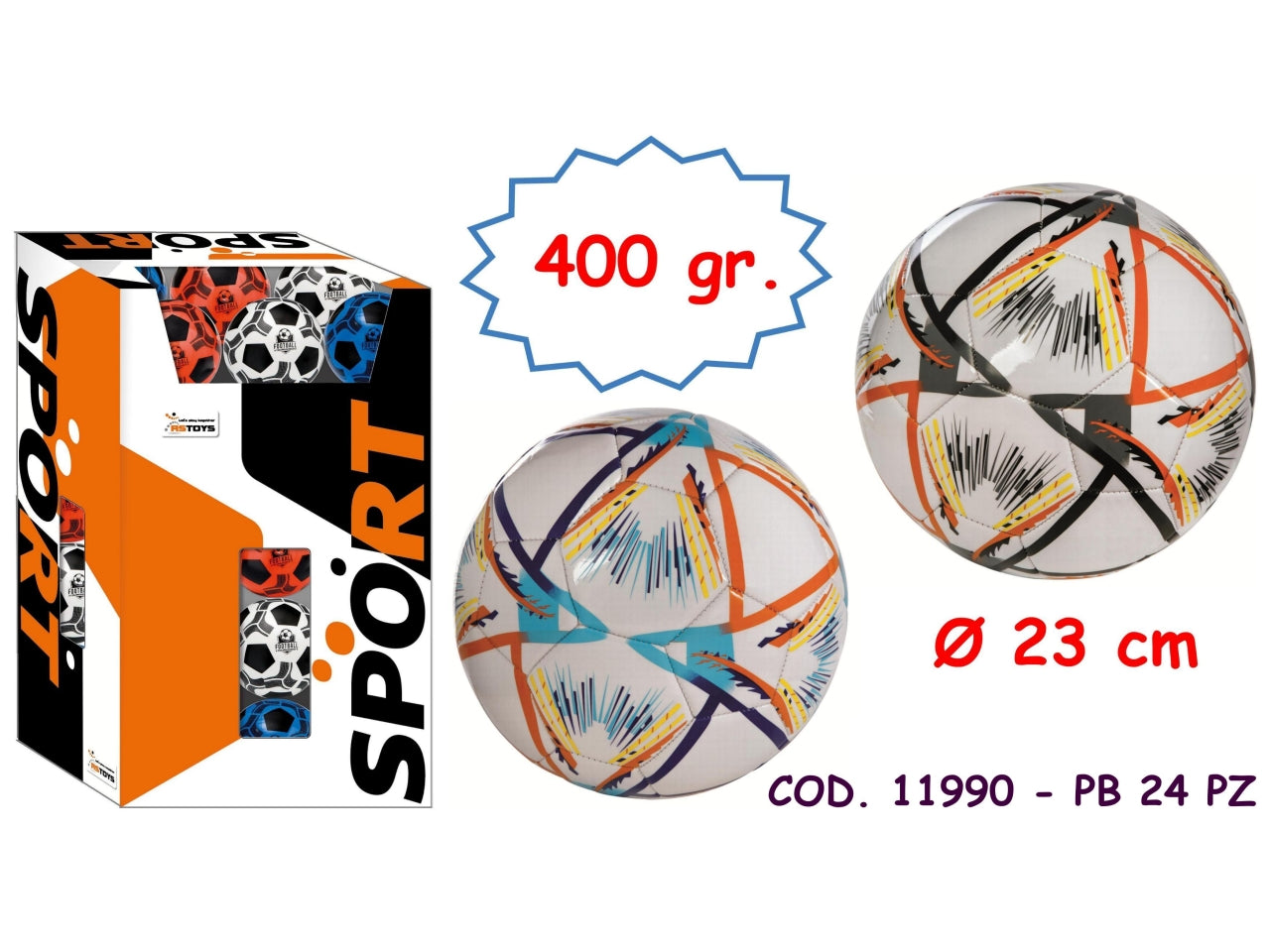 Pallone calcio 23cm gonfio 400g con decoro strisce
