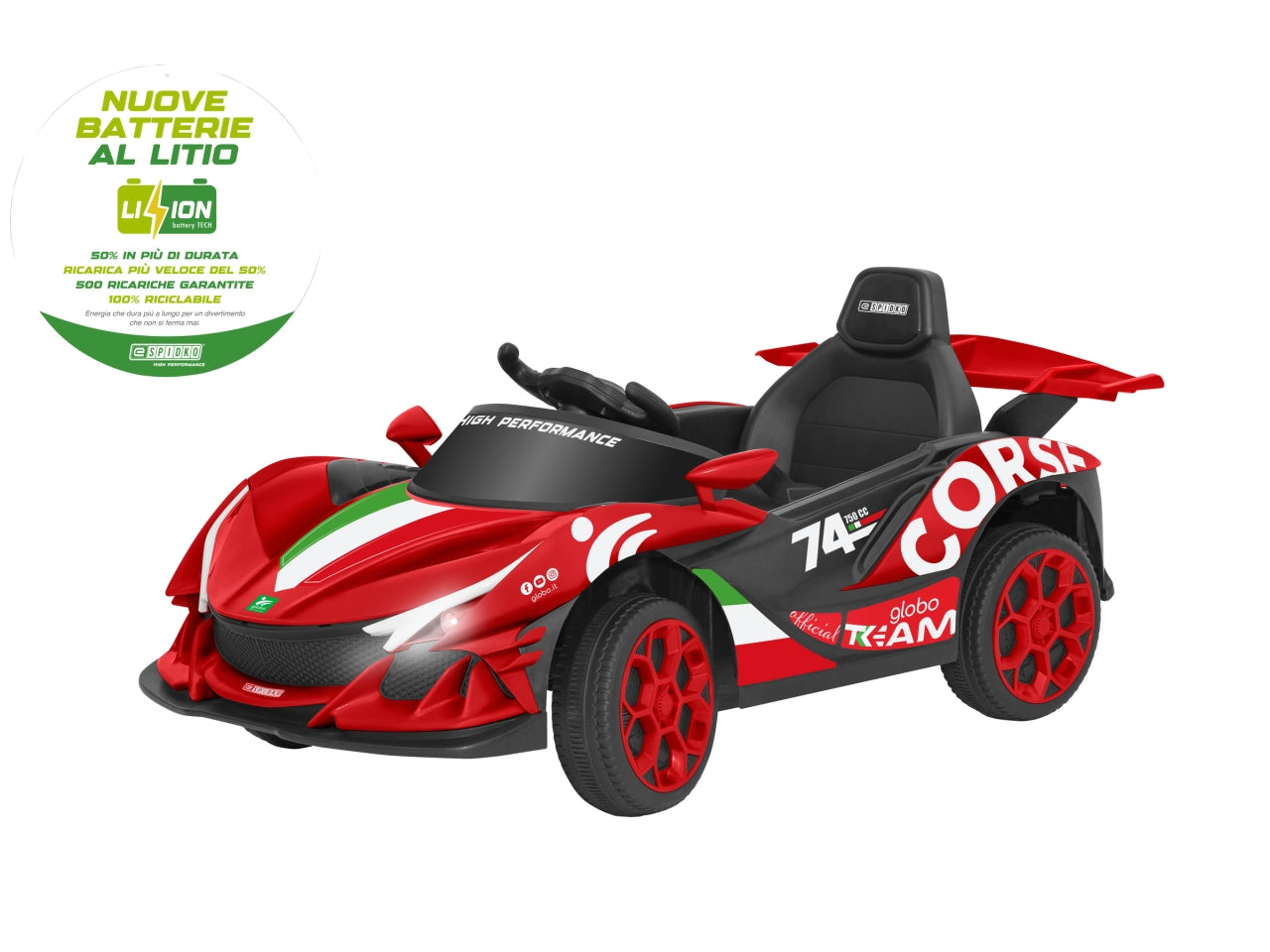 E-spidko auto a batteria li-ion 12v di colore rosso $