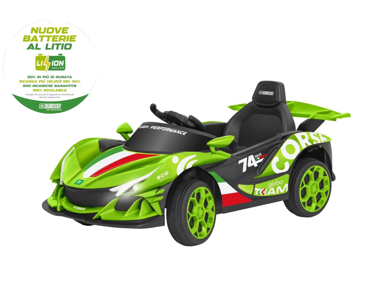 E-spidko auto a batteria li-ion 12v di colore verde $