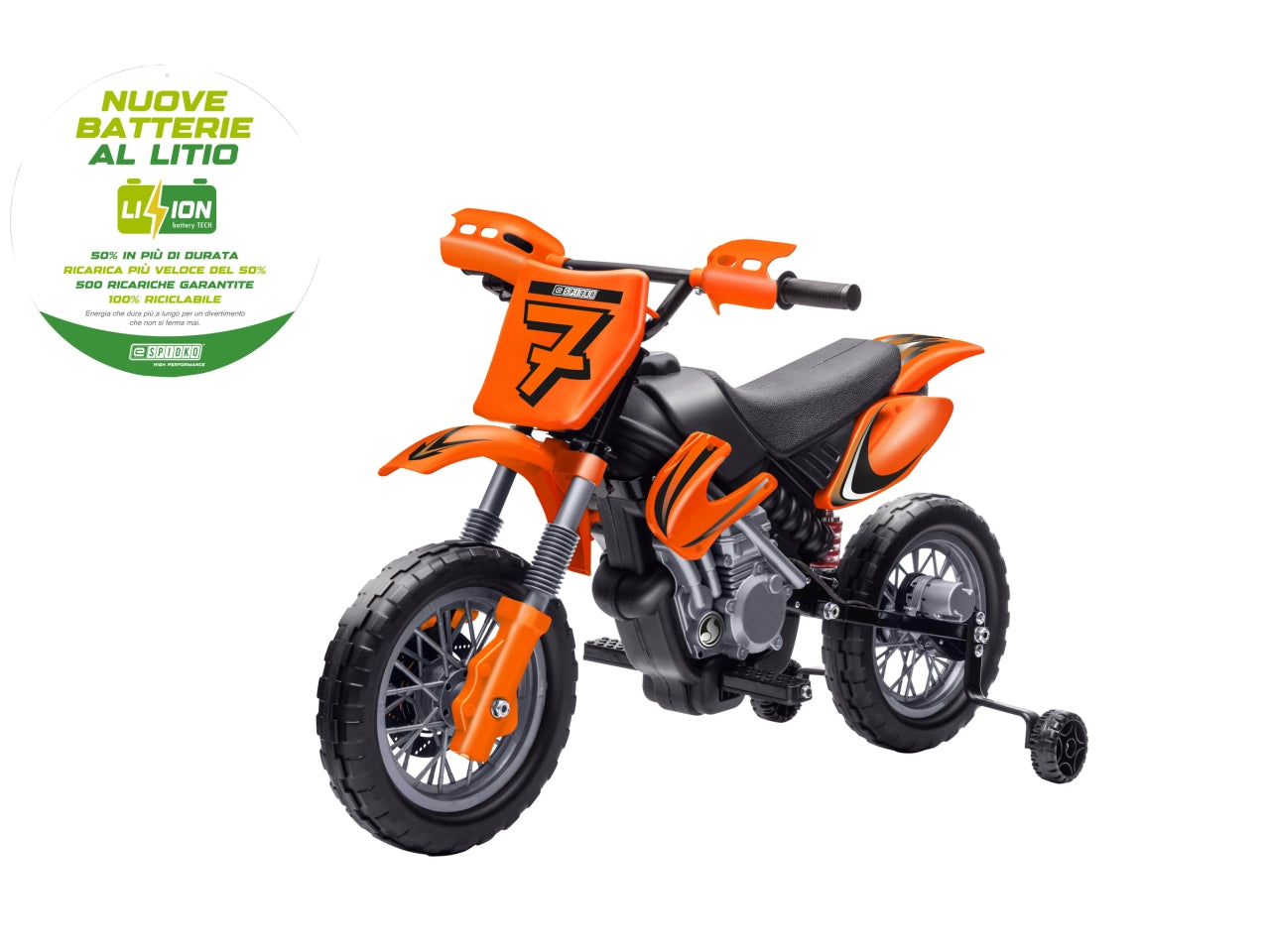 E-spidko moto cross a batteria li-ion 12v di colore arancione