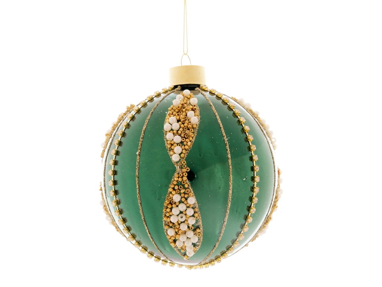 Palla in vetro 12cm verde con perline oro