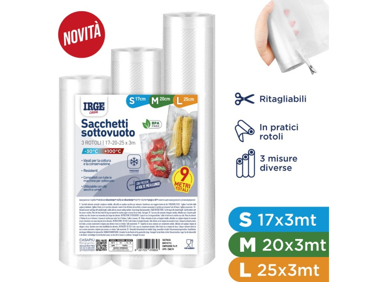 Sacchetti per sottovuoto 3 pezzi, 17cmx3mt, 20cmx3mt e 25cmx3mt