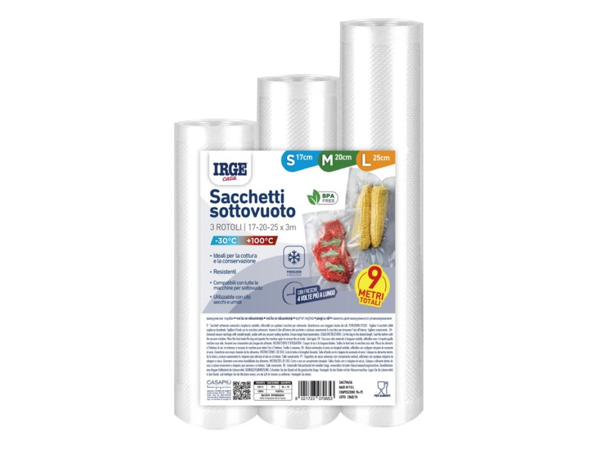 Sacchetti per sottovuoto 3 pezzi, 17cmx3mt, 20cmx3mt e 25cmx3mt