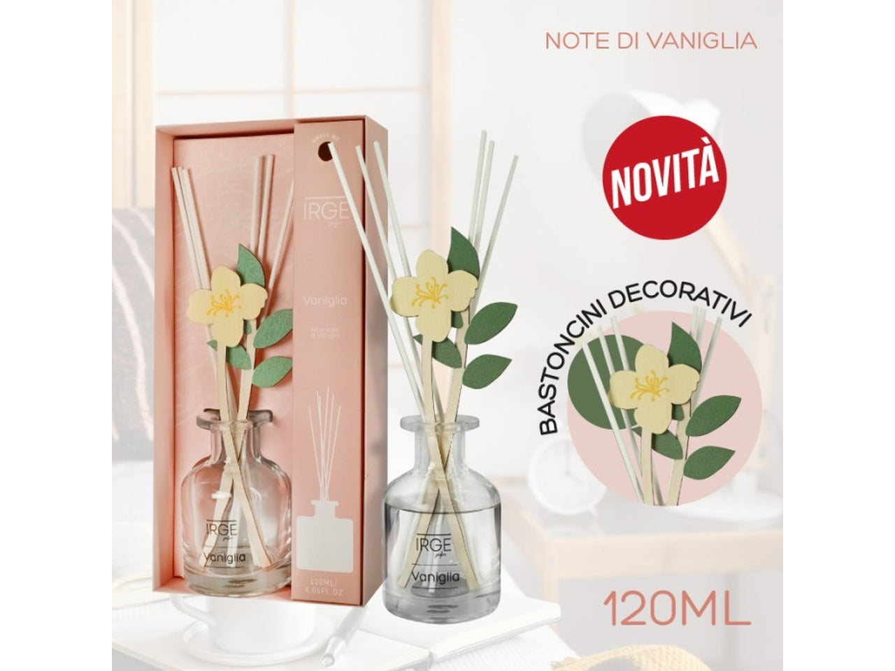 Diffusore 120ml irge bastoncini in legno vaniglia