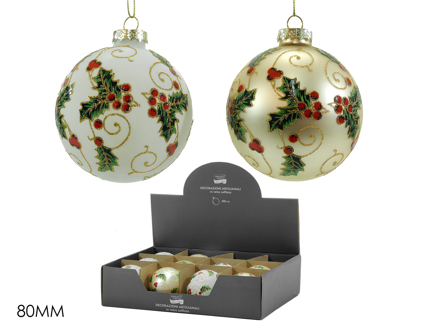 Palla vetro 8cm decorata oro e champagne assortite
