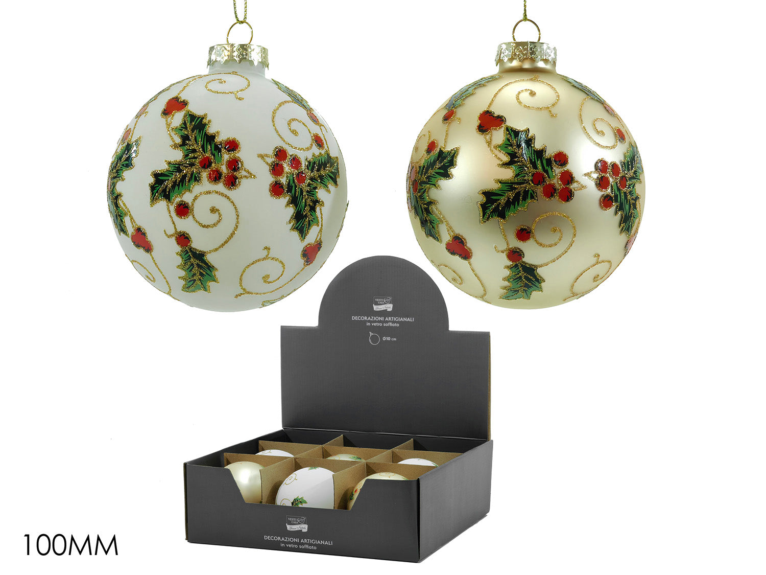 Palla vetro 10cm decorata oro e champagne assortite