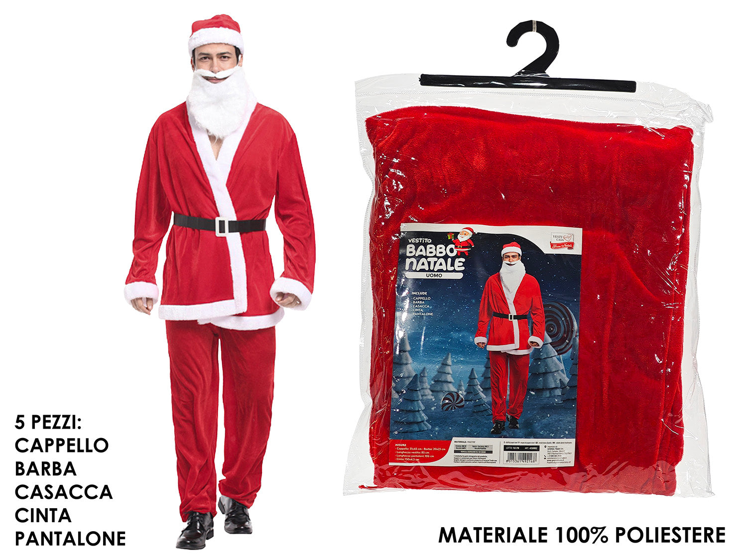 Vestito babbo natale uomo 5 pezzi, cappello,barba ,casacca,cinta e pantalone