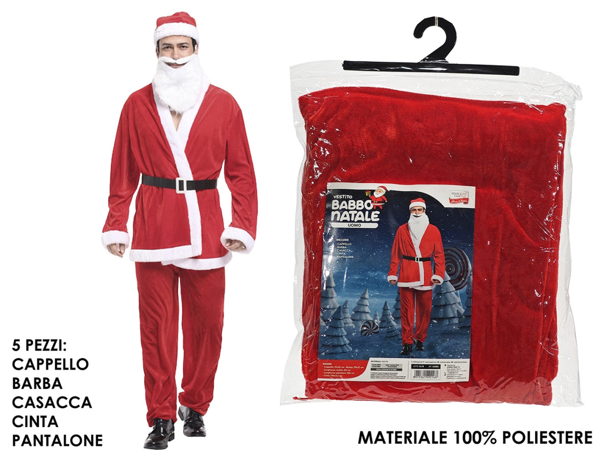Vestito babbo natale da uomo in poliestere 5 pezzi, cappello,barba ,casacca,cinta e pantalone