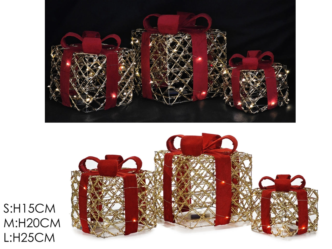 Set 3 pacchi regalo oro con led e fiocco rosso