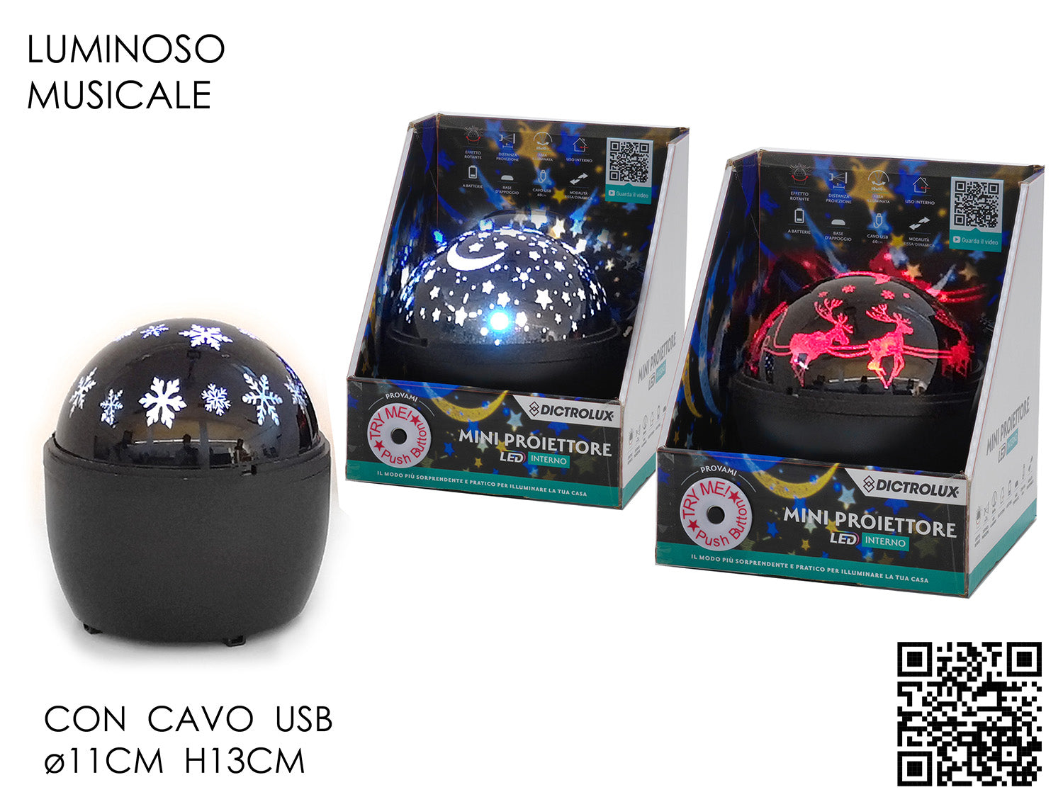 Proiettore 3 led a batteria con luci e movimento assortiti
