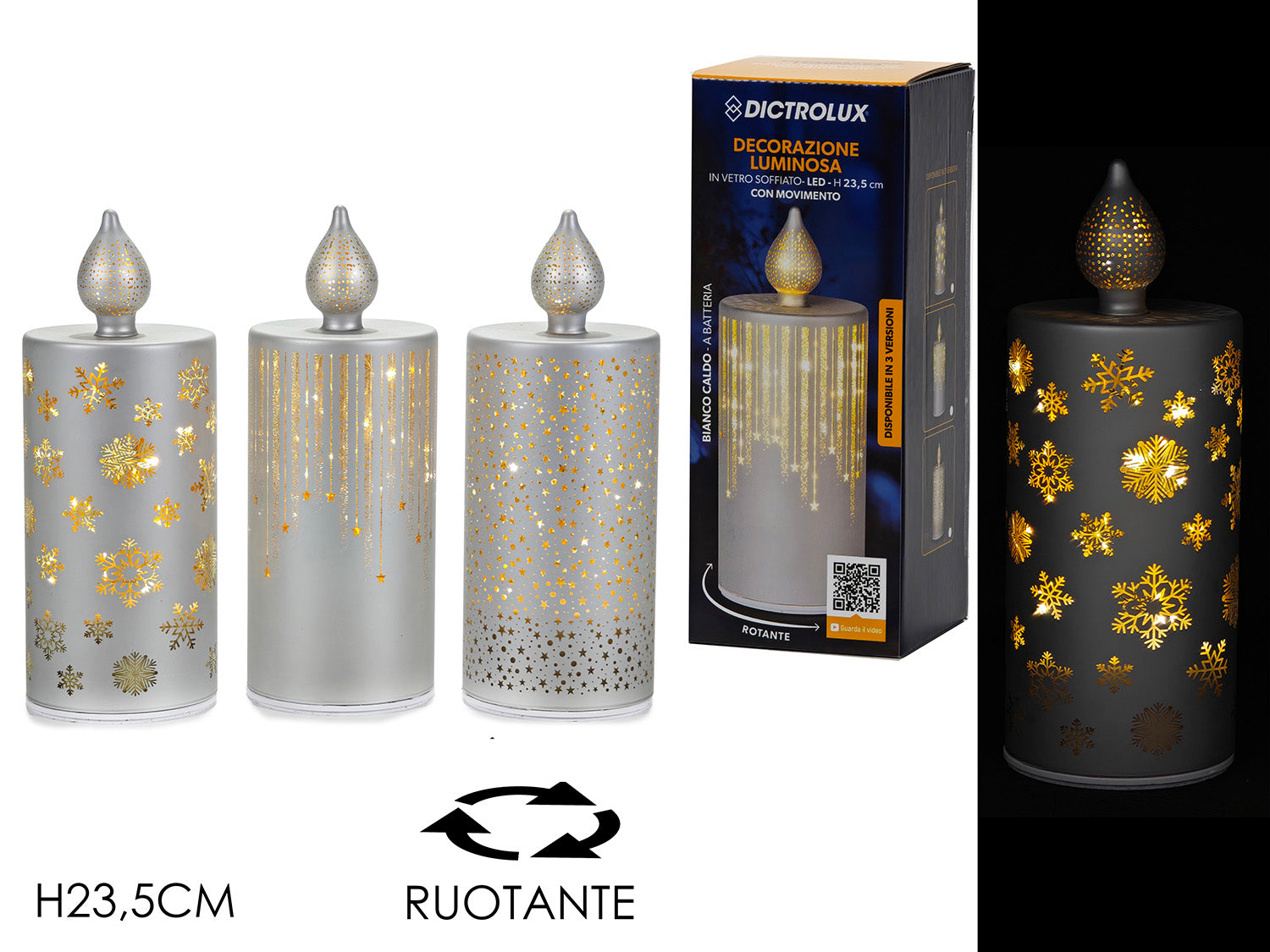 Candela 23,5cm argento a batteria con luci e movimento 3 modelli assortiti