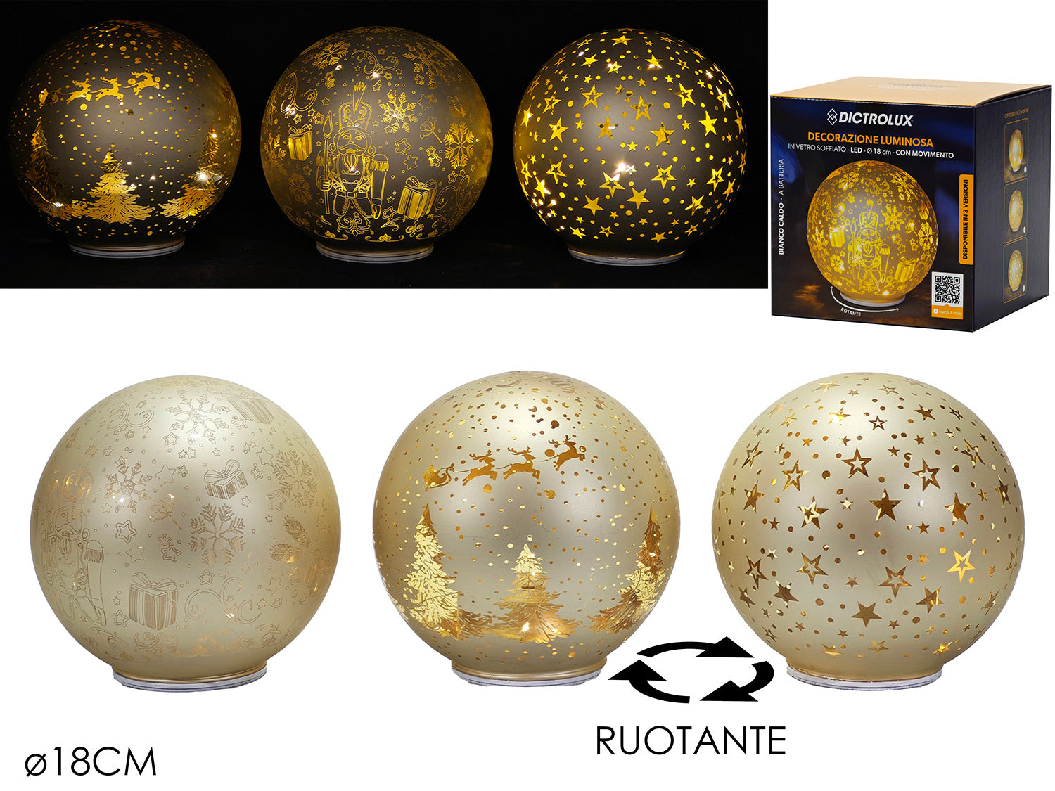 Palla 18cm a batteria con luci e movimento oro assortite