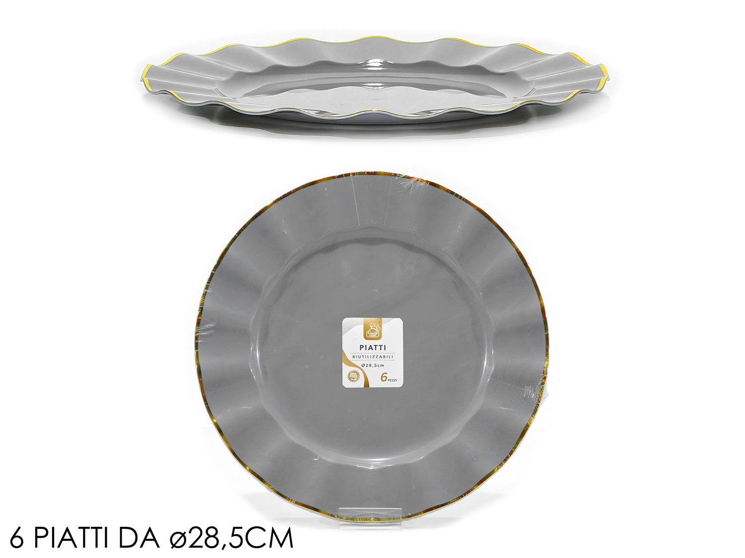 Piatti 28,5cm confezione 6 pezzi grigio con bordo oro