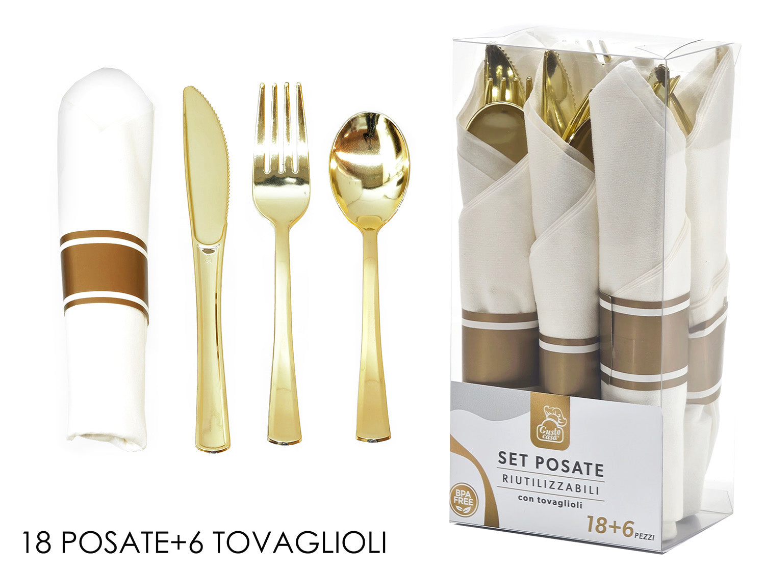 Posate set 18 pezzi oro con 6 tovaglioli