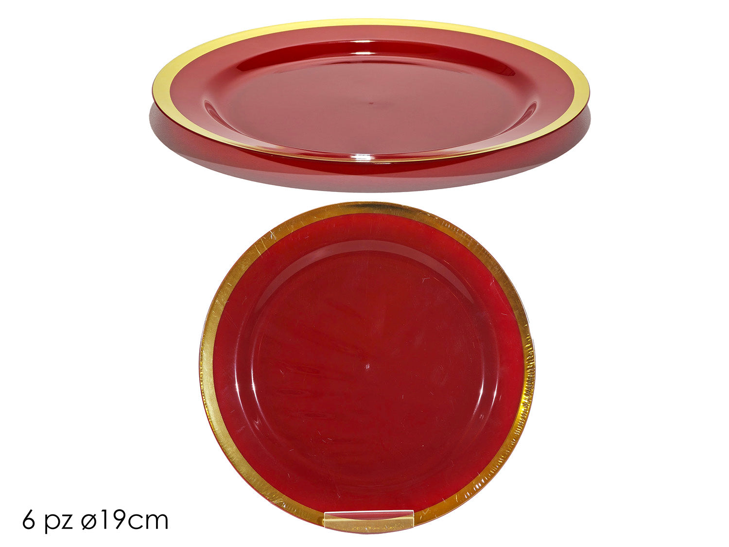 Piatti 19cm rosso con bordo oro in confezione da 6 pezzi