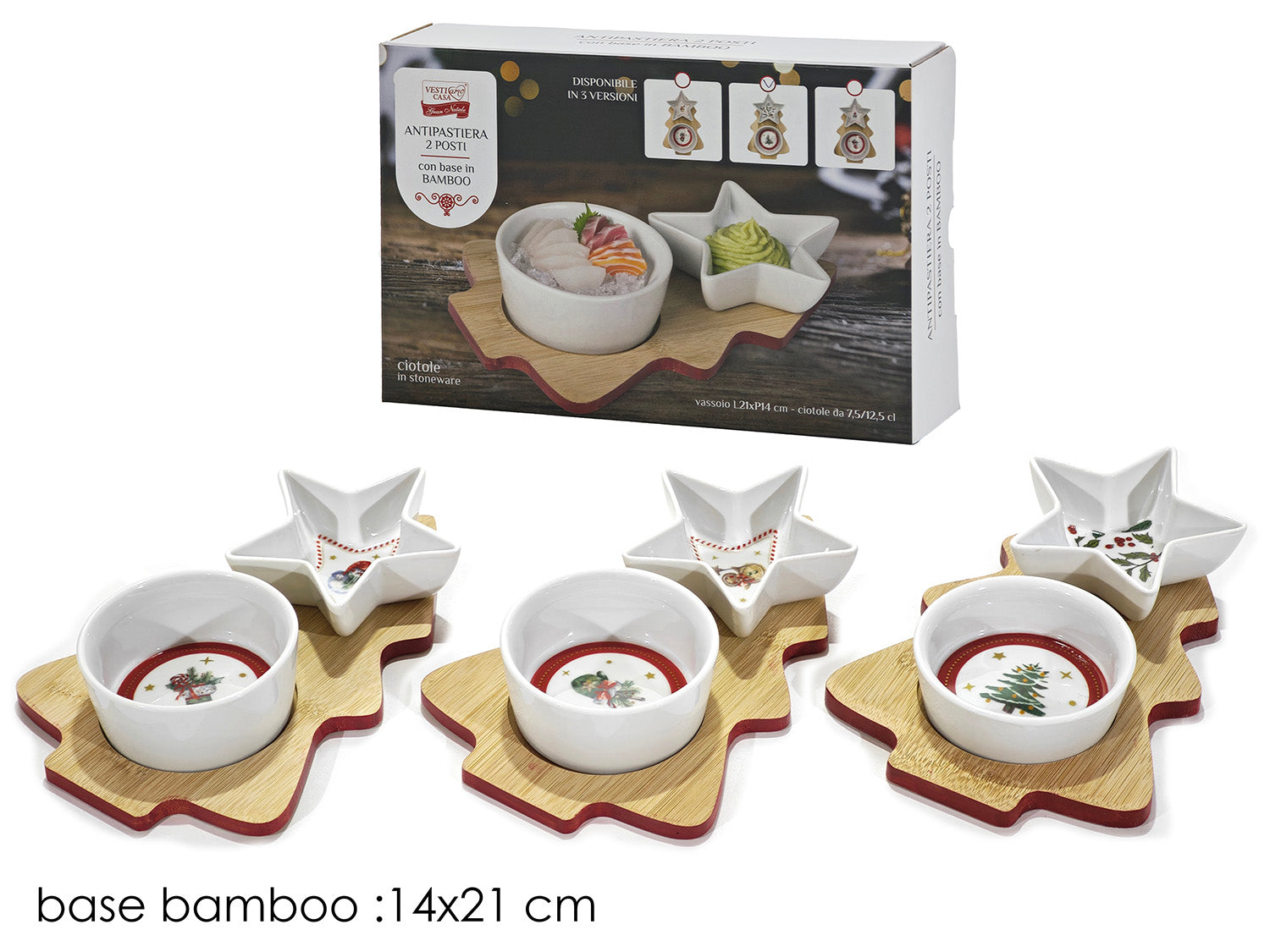 Antipastiera 2 ciotole con base in bamboo 14x21cm assortiti