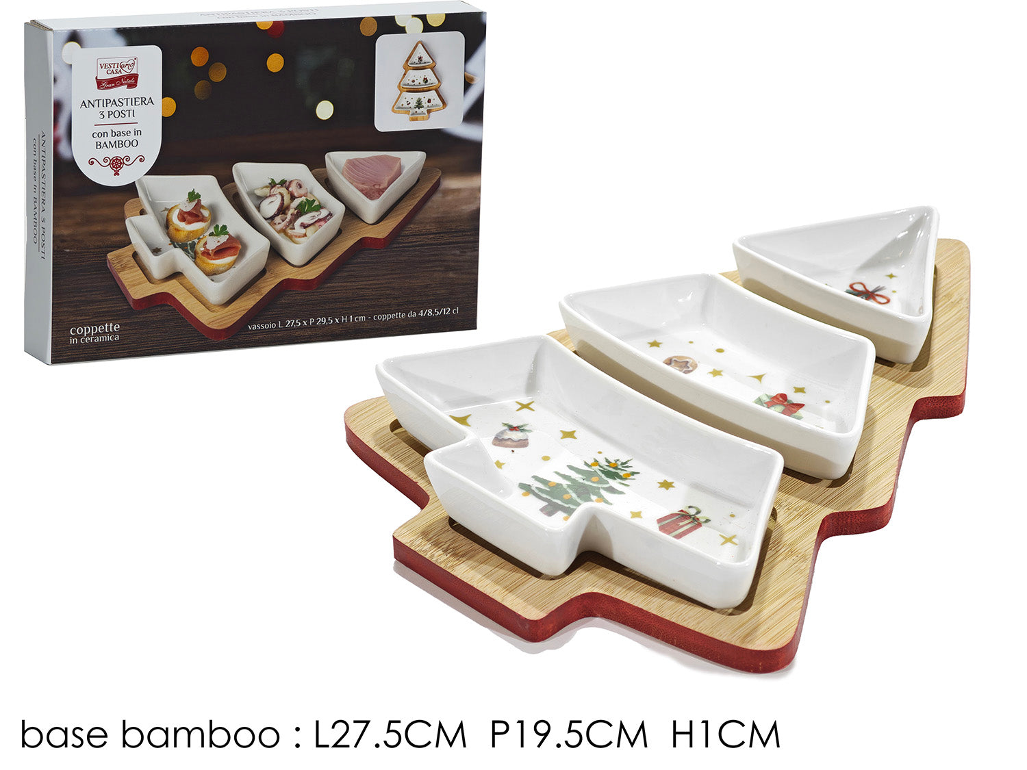 Antipastiera albero 3 ciotole con base in bamboo 19,5x27,5cm