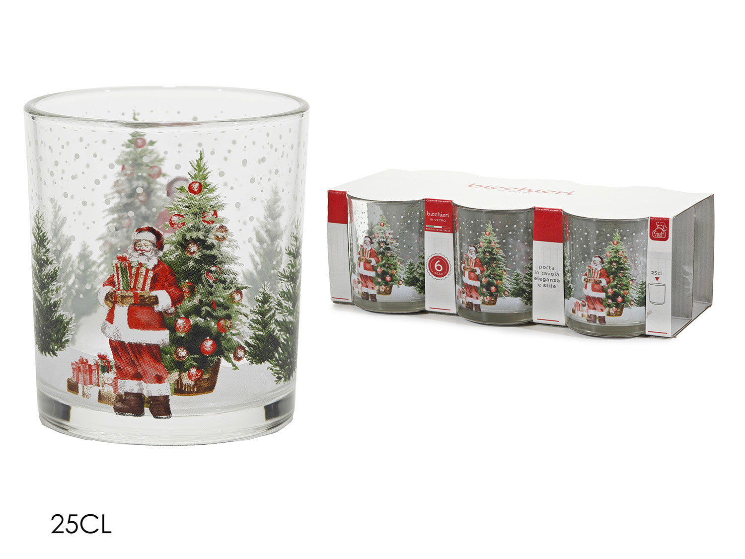 Bicchieri in vetro babbo natale 25cl in confezione da 6 pezzi