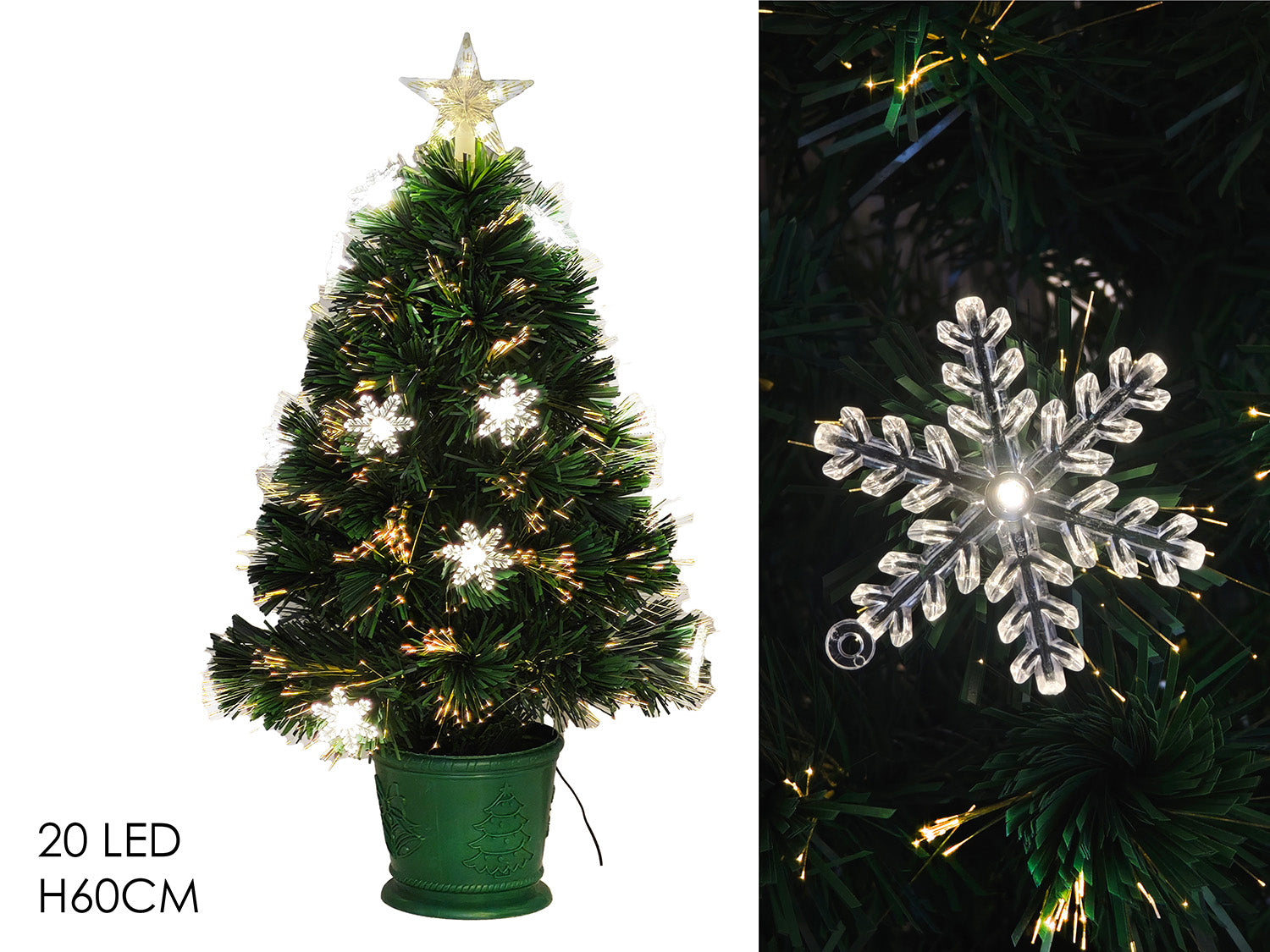 Albero 60cm fibre ottiche con fiocchi di neve e 20led