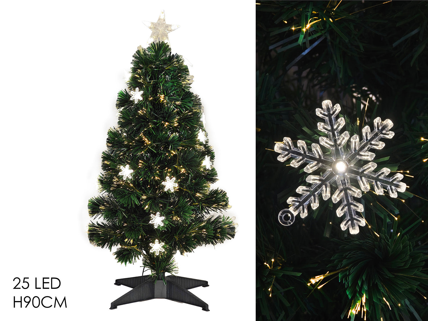Albero 90cm fibre ottiche con fiocchi di neve e 25led